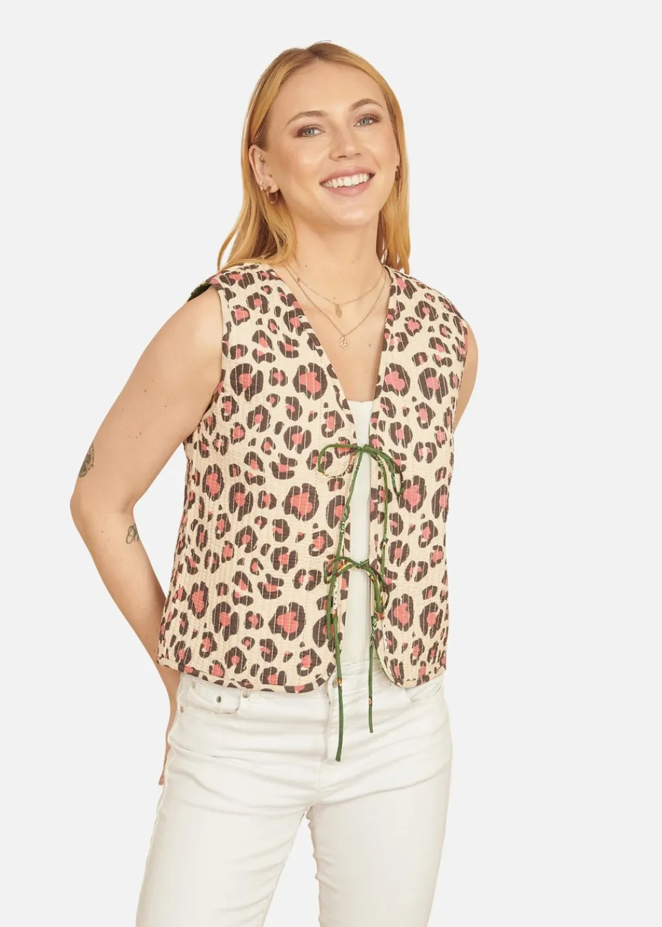 Tops>Yumi Green Animal Reversible Cotton Quilted Waistcoat