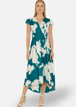 Dresses>Yumi Green Blossom Print Wrap Midi With Dipped Hem