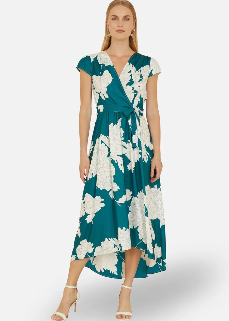 Dresses>Yumi Green Blossom Print Wrap Midi With Dipped Hem