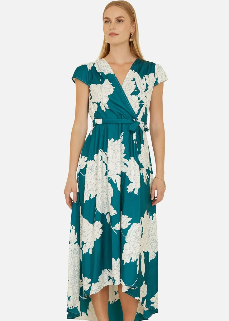 Dresses>Yumi Green Blossom Print Wrap Midi With Dipped Hem