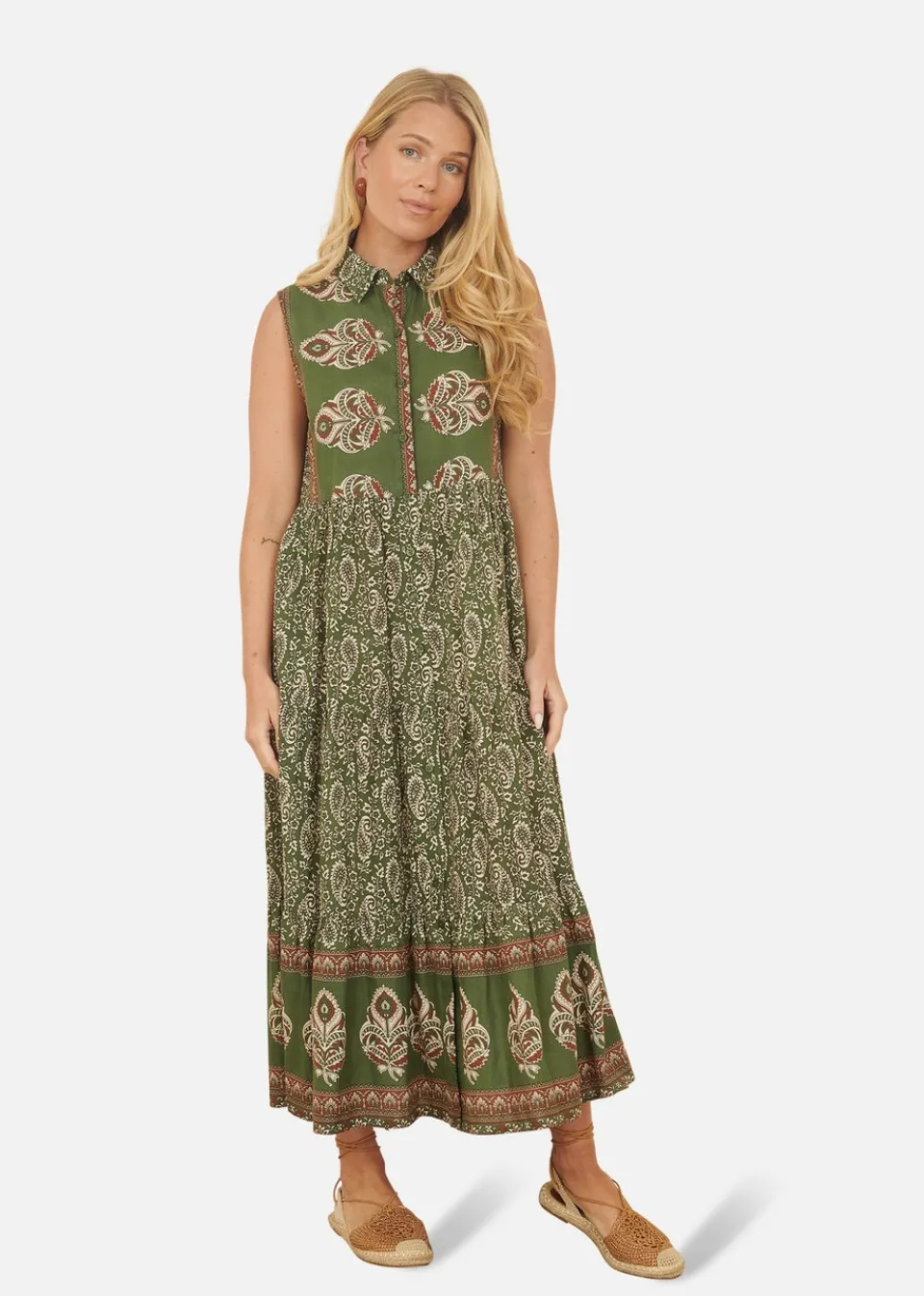 Dresses>Yumi Green Cotton Paisley Midi Sleeveless Shirt Dress