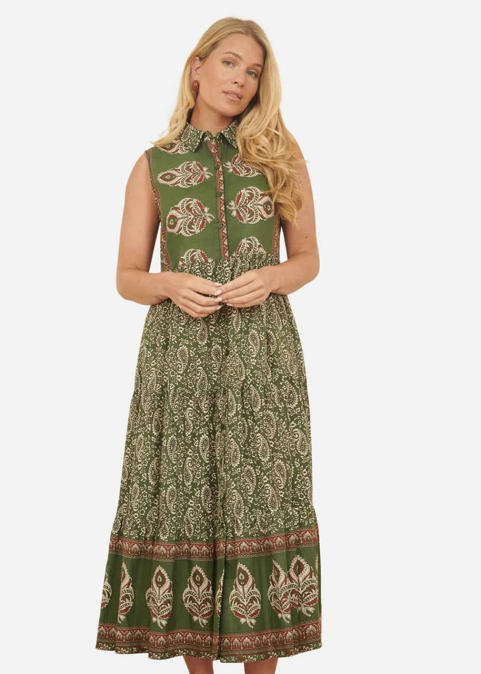 Dresses>Yumi Green Cotton Paisley Midi Sleeveless Shirt Dress
