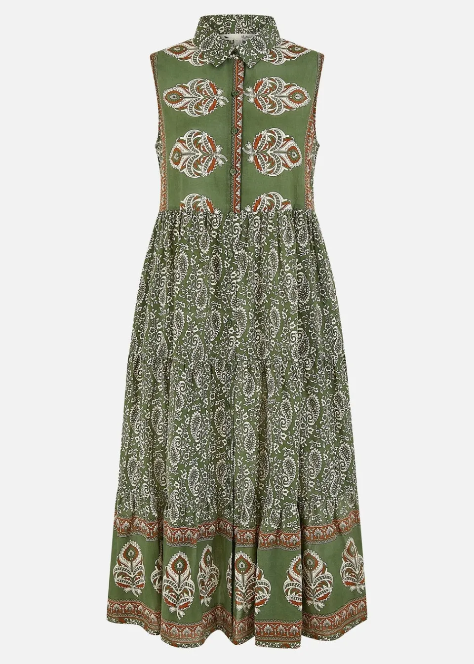 Dresses>Yumi Green Cotton Paisley Midi Sleeveless Shirt Dress