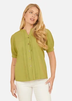 Blouses & Shirts>Yumi Green Cotton Pleated Short Sleeve Shirt
