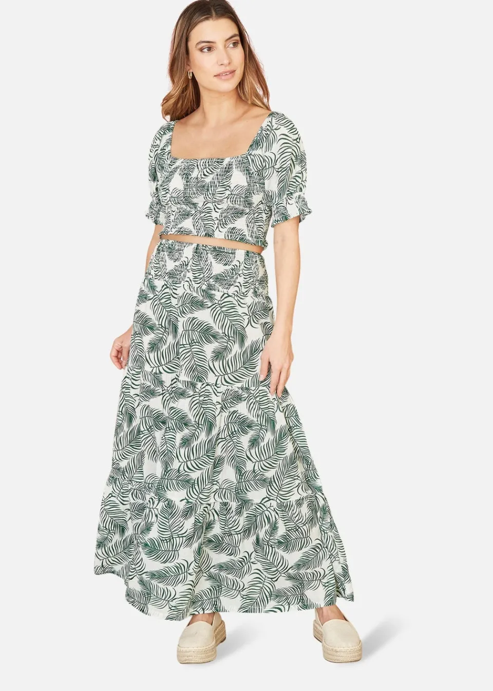 Skirts>Yumi Green Cotton Voile Palm Leaf Ruched Waist Midi Skirt