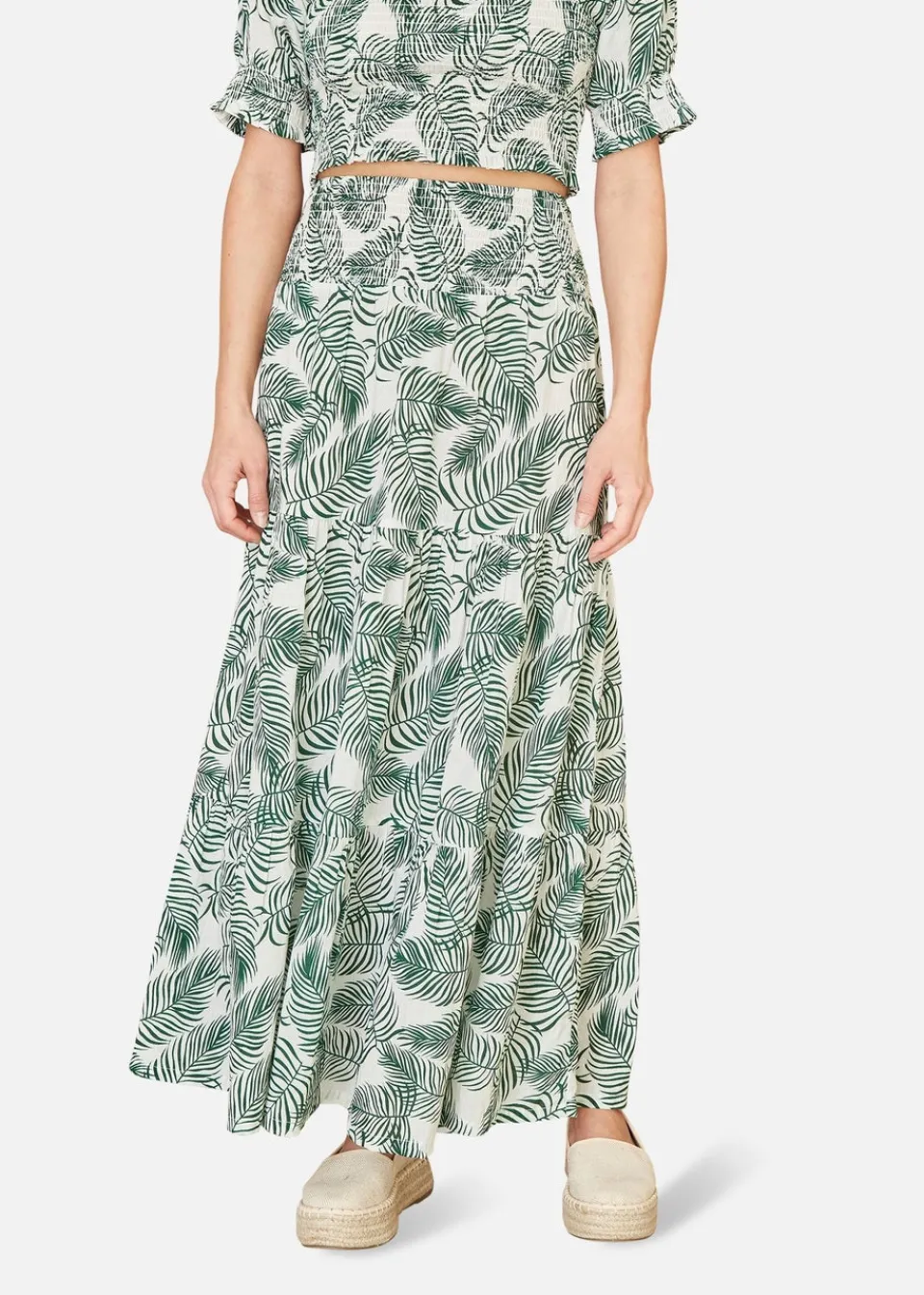 Skirts>Yumi Green Cotton Voile Palm Leaf Ruched Waist Midi Skirt