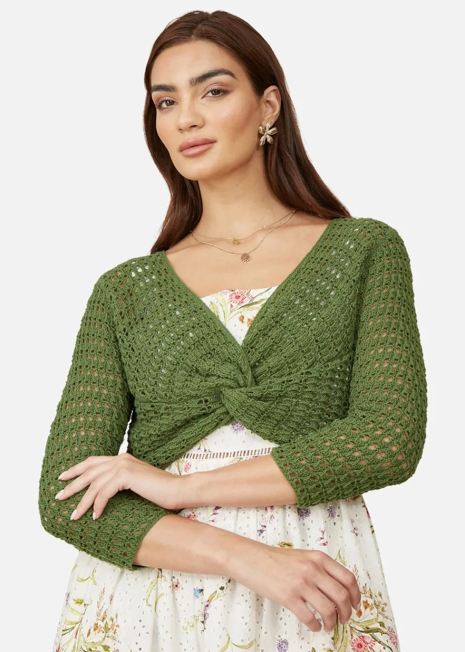 Tops>Yumi Green Crochet Cotton Twisted Bolero Top