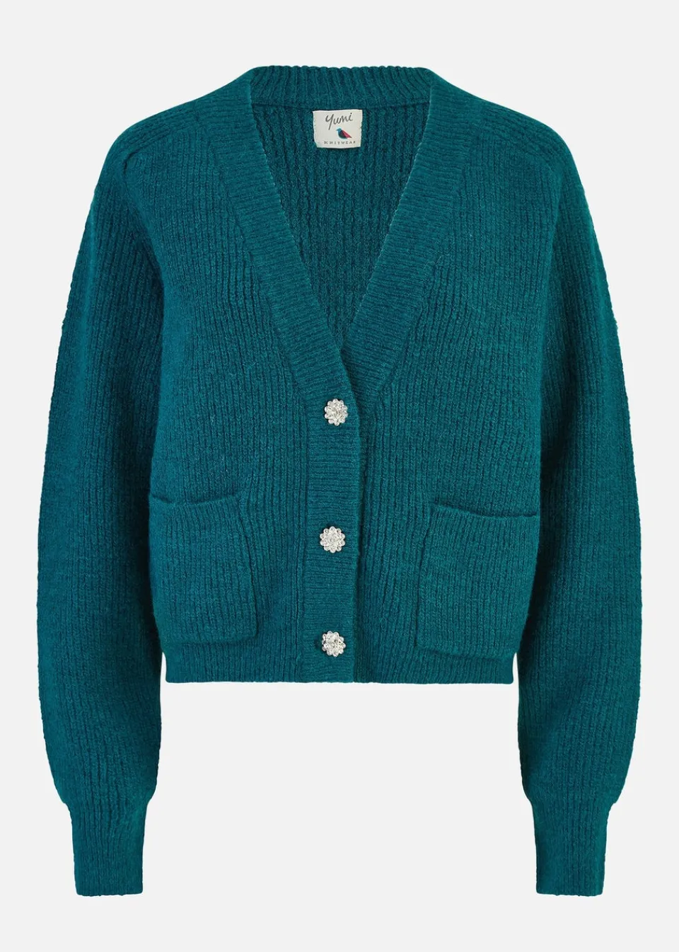 Tops>Yumi Green Daisy Button Knitted Relaxed Fit Cardigan