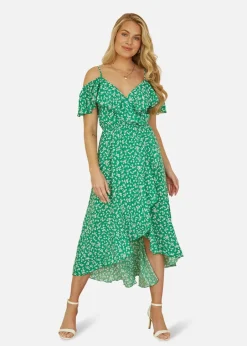 Dresses>Yumi Green Ditsy Print Bardot Midi Dress With Dip Hem