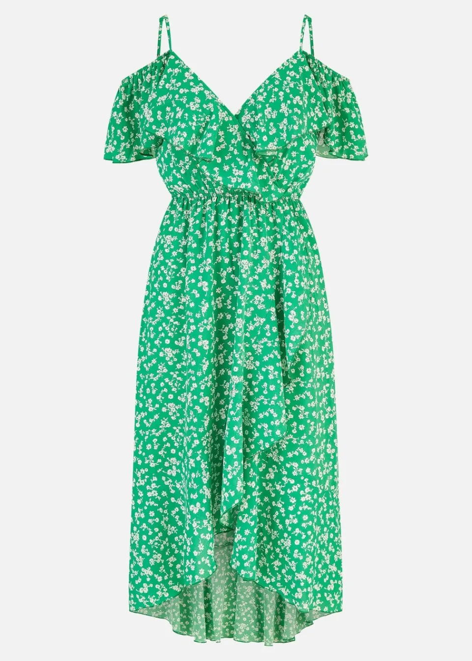 Dresses>Yumi Green Ditsy Print Bardot Midi Dress With Dip Hem