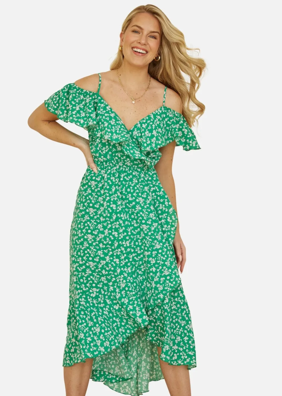 Dresses>Yumi Green Ditsy Print Bardot Midi Dress With Dip Hem