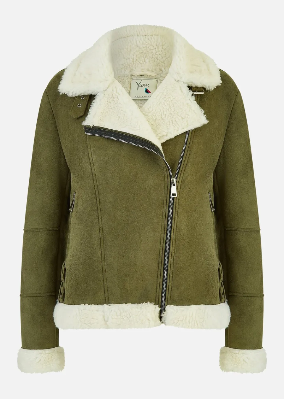 Coats & Jackets>Yumi Green Faux Suede & Shearling Biker Jacket