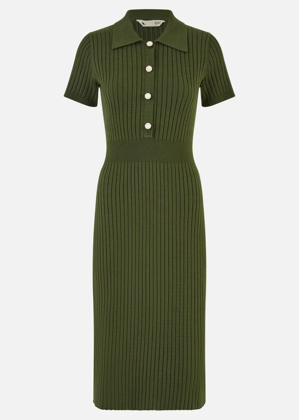 Knitwear>Yumi Green Fitted Rib Knitted Midi Dress With Daisy Buttons