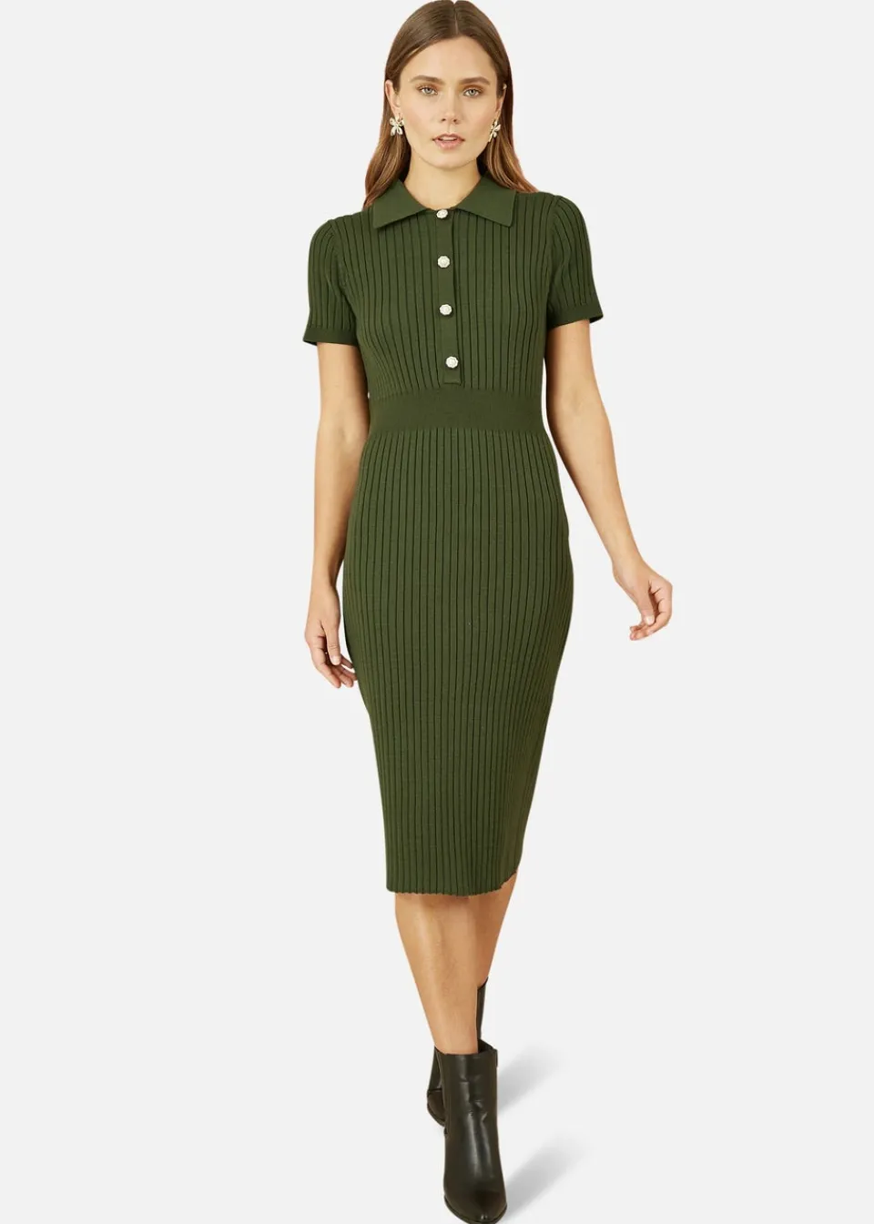 Knitwear>Yumi Green Fitted Rib Knitted Midi Dress With Daisy Buttons