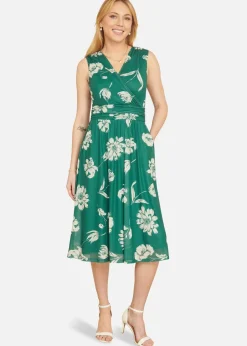 Dresses>Yumi Green Floral Print Stretch Mesh Dress With Pockets