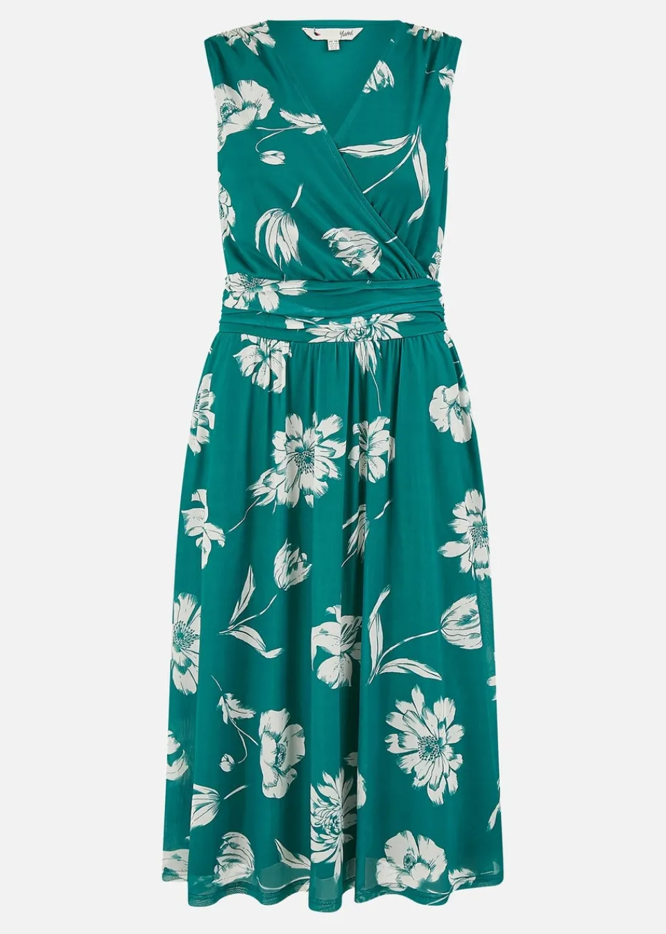 Dresses>Yumi Green Floral Print Stretch Mesh Dress With Pockets
