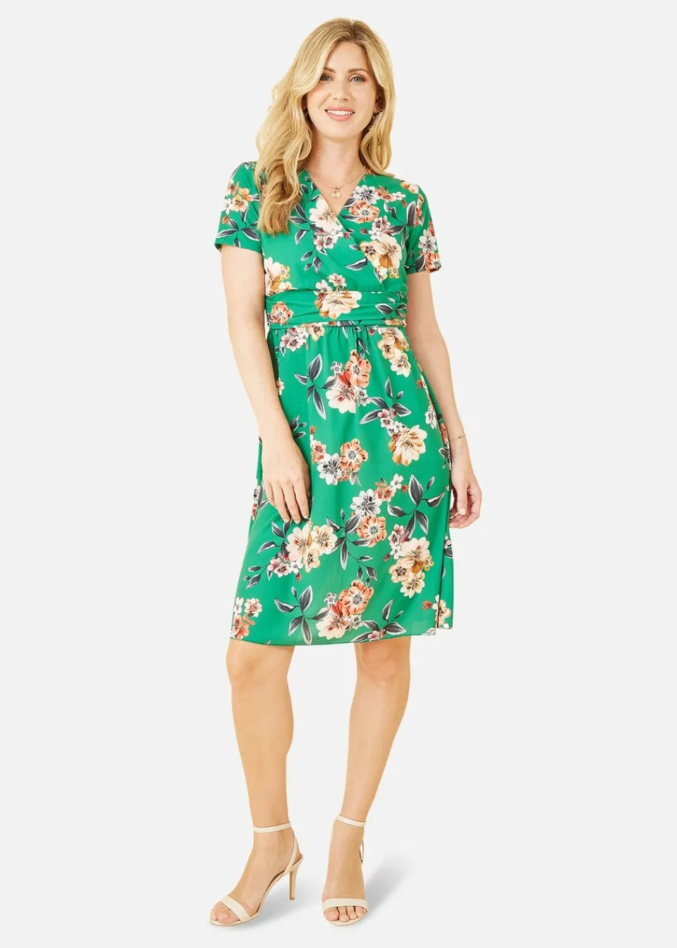 Dresses>Yumi Green Floral Ruched Waist Dress