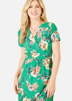 Dresses>Yumi Green Floral Ruched Waist Dress