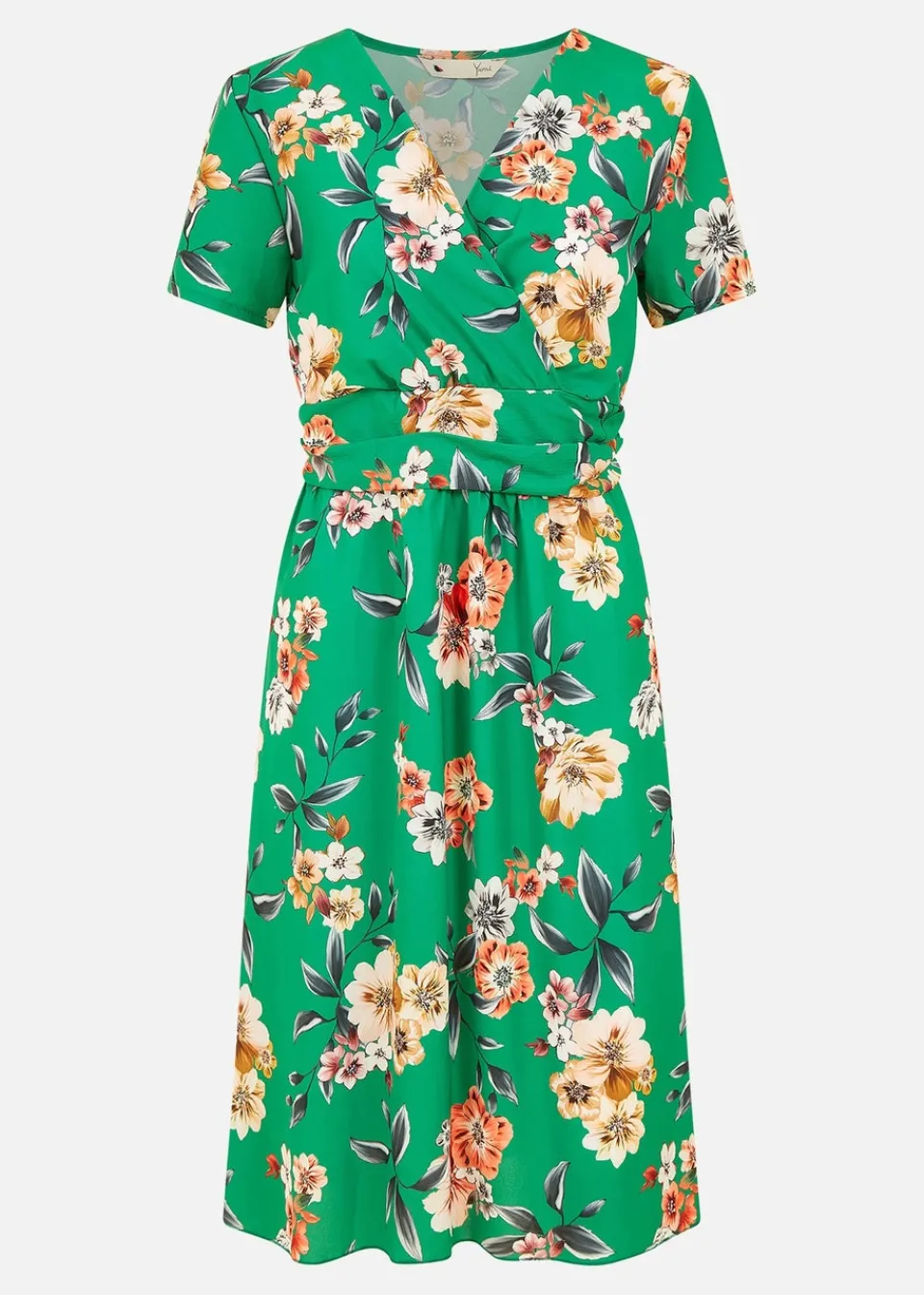 Dresses>Yumi Green Floral Ruched Waist Dress