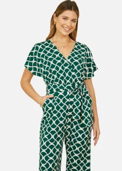 Jumpsuits & Playsuits>Yumi Green Geometric Print Wrap Jumpsuit