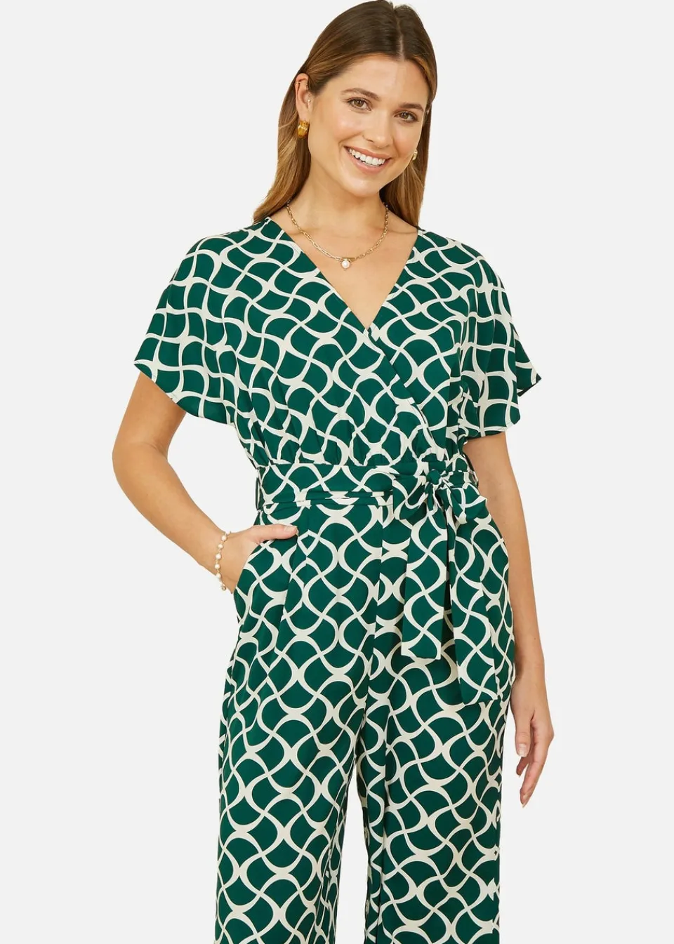 Jumpsuits & Playsuits>Yumi Green Geometric Print Wrap Jumpsuit