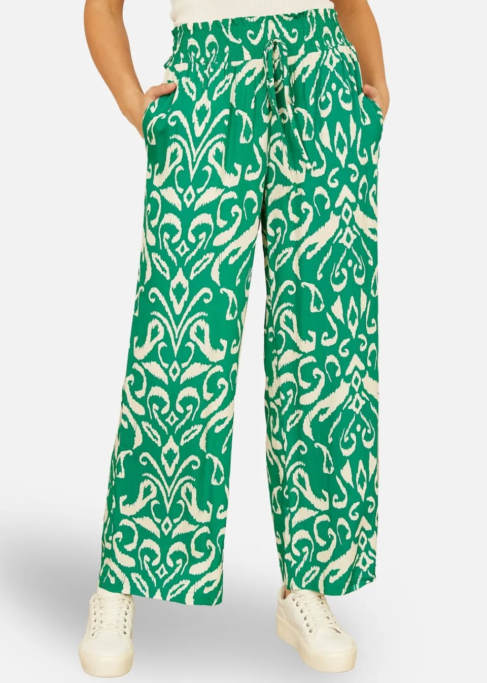 Trousers>Yumi Green Ikat Print Relaxed Fit Trousers
