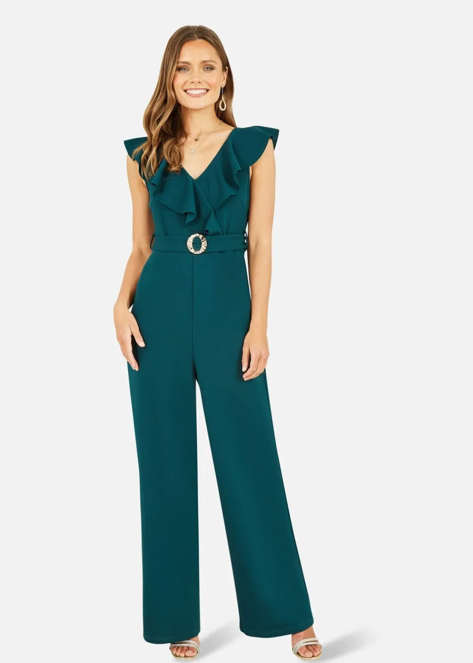 Jumpsuits & Playsuits>Yumi Green Jumpsuit With Gold Buckle & Frill Detail