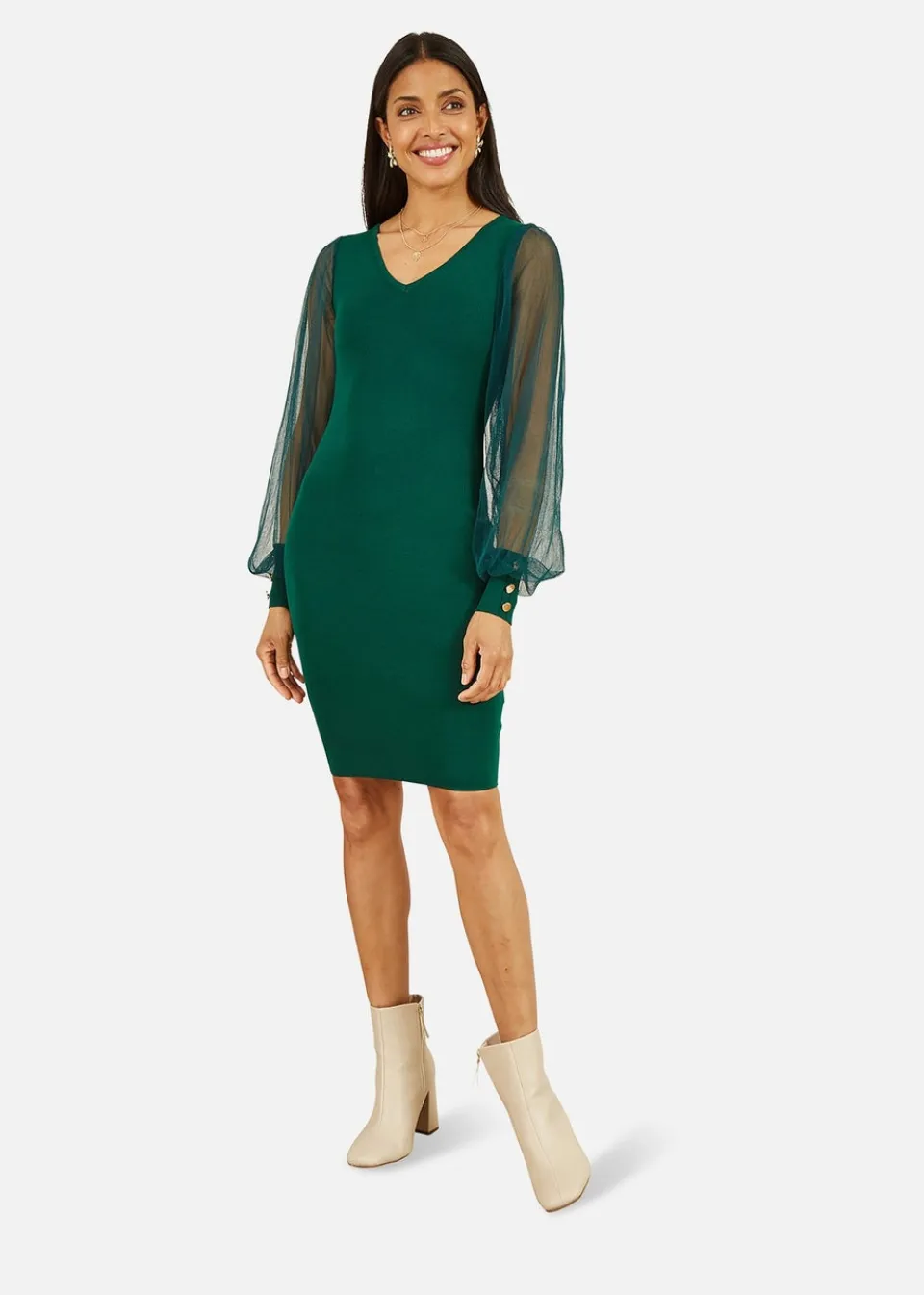 Dresses>Yumi Green Knitted Body Con Dress With Chiffon Sleeve