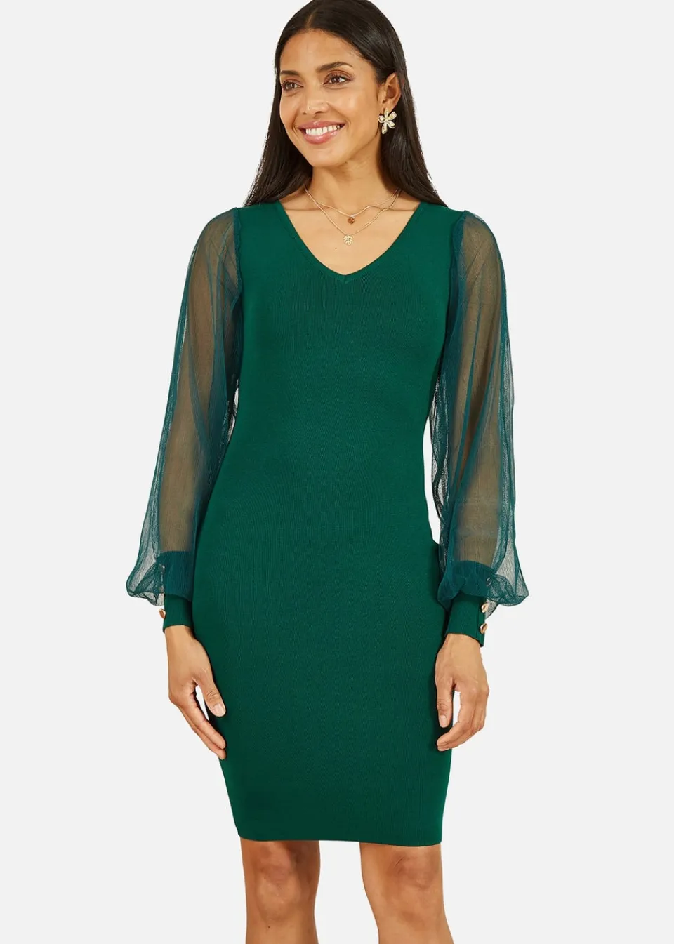 Dresses>Yumi Green Knitted Body Con Dress With Chiffon Sleeve