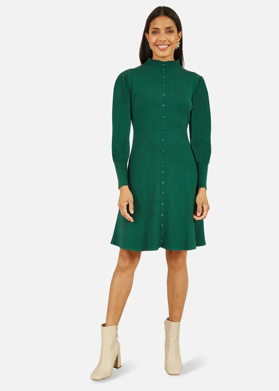 Dresses>Yumi Green Knitted Button Up Midi Dress With Balloon Sleeves