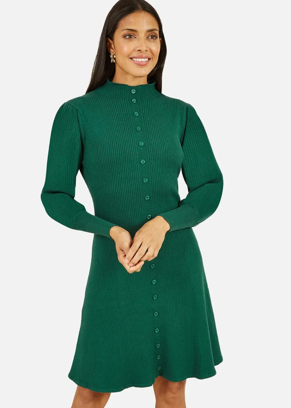 Dresses>Yumi Green Knitted Button Up Midi Dress With Balloon Sleeves
