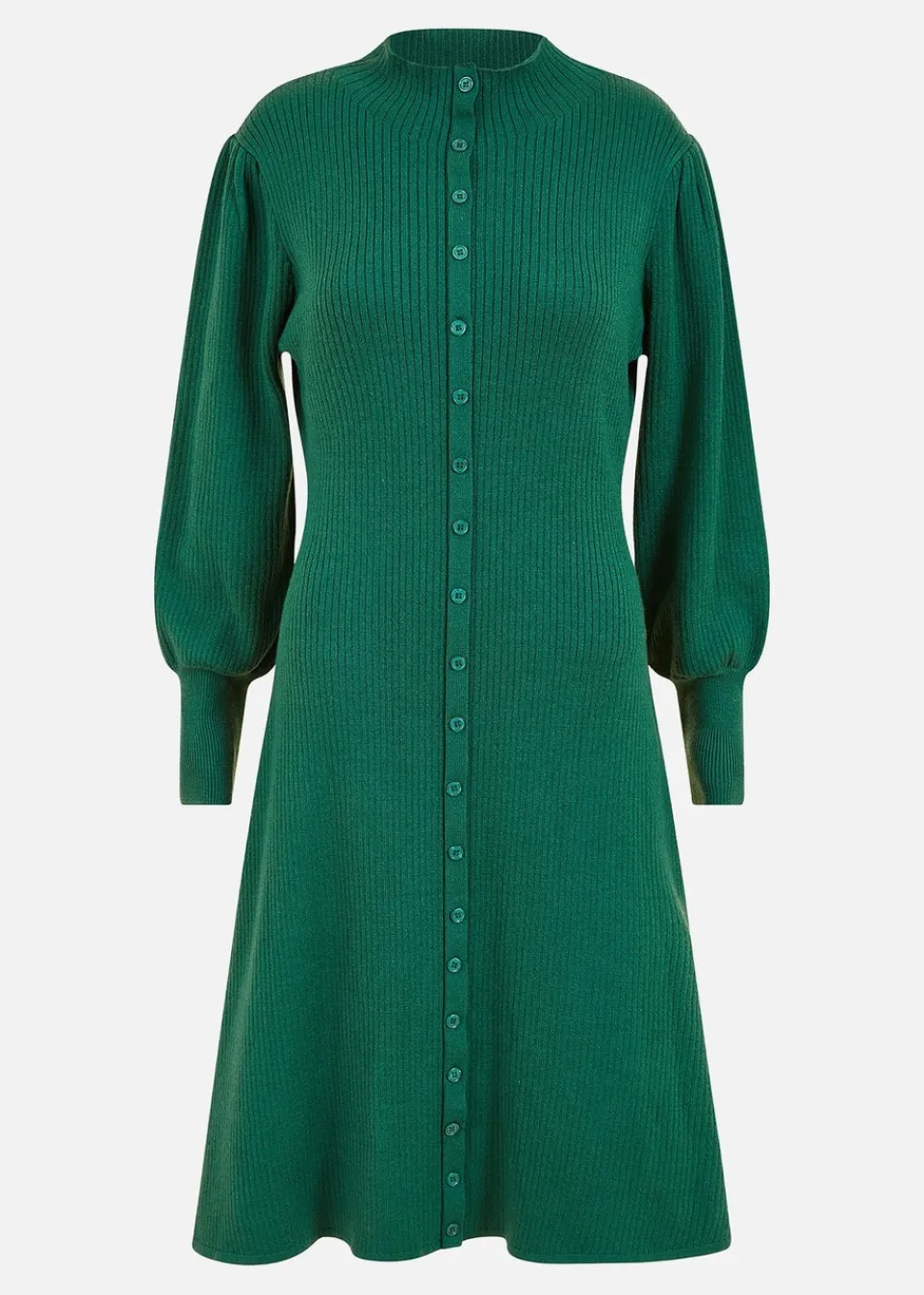 Dresses>Yumi Green Knitted Button Up Midi Dress With Balloon Sleeves