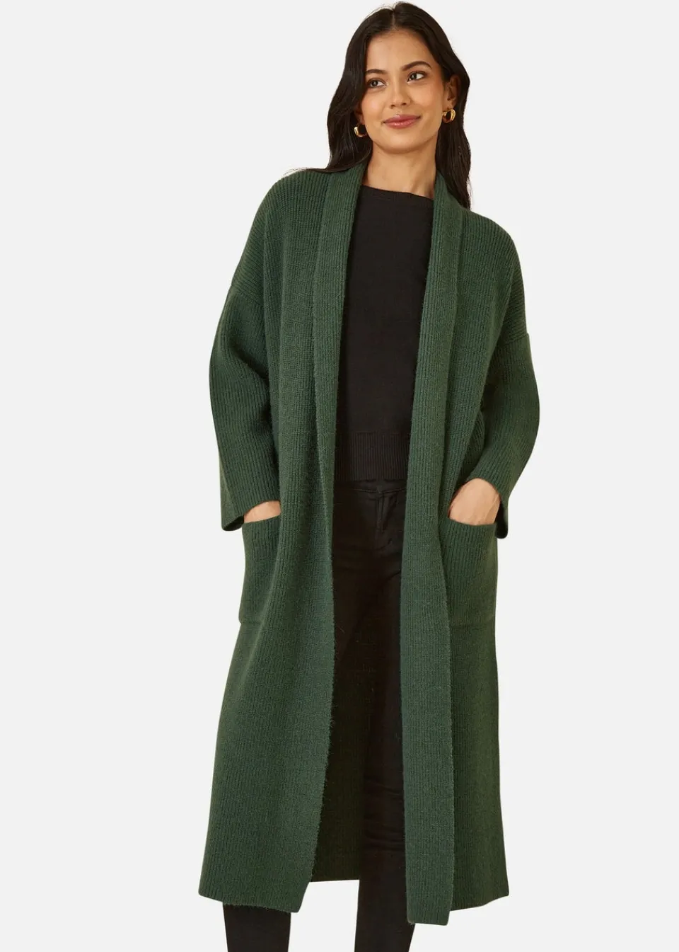 Tops>Yumi Green Knitted Maxi Cardigan With Pockets