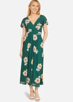 Dresses>Yumi Green Mesh Flower Wrap Midi Dress With Pockets
