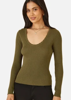 Tops>Yumi Green Metallic Knitted Ribbed Top