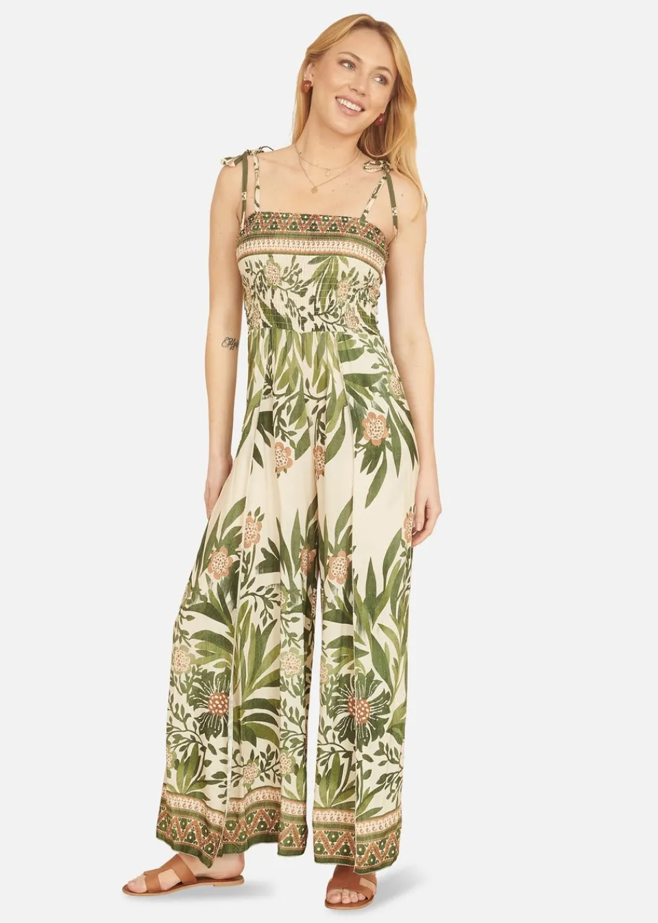 Jumpsuits & Playsuits>Yumi Green Palm Print Strappy Viscose Jumpsuit