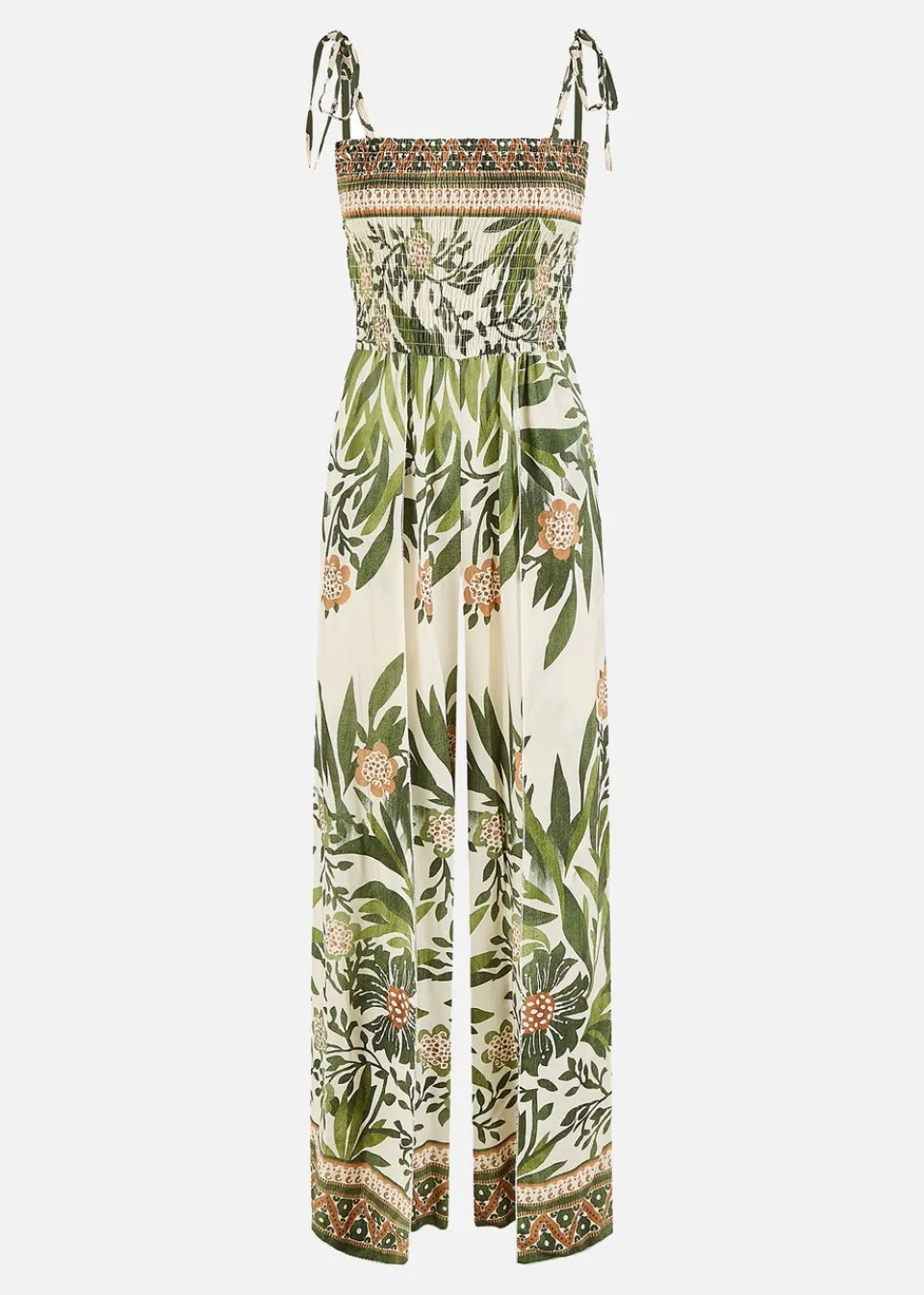 Jumpsuits & Playsuits>Yumi Green Palm Print Strappy Viscose Jumpsuit