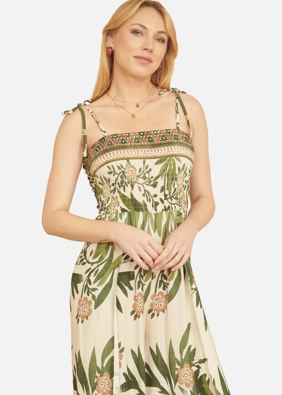 Jumpsuits & Playsuits>Yumi Green Palm Print Strappy Viscose Jumpsuit