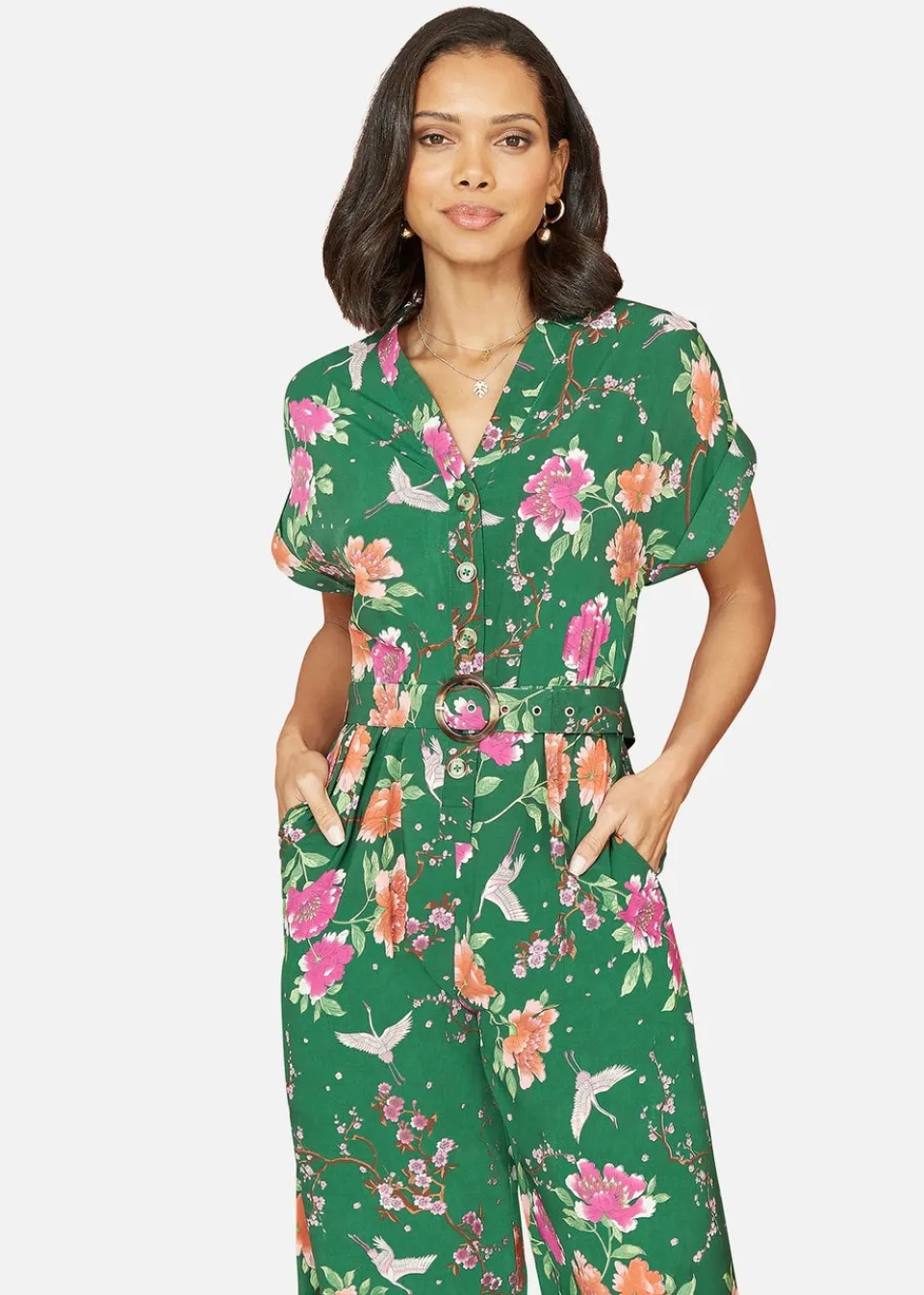 Jumpsuits & Playsuits>Yumi Green Recycled Crane Print Jumpsuit With Matching Belt