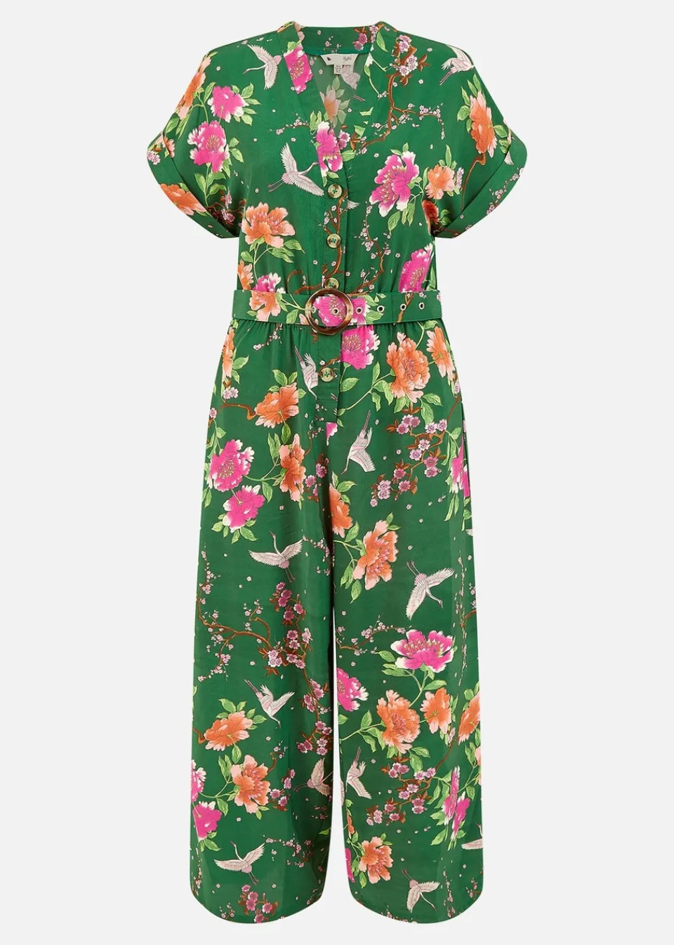 Jumpsuits & Playsuits>Yumi Green Recycled Crane Print Jumpsuit With Matching Belt