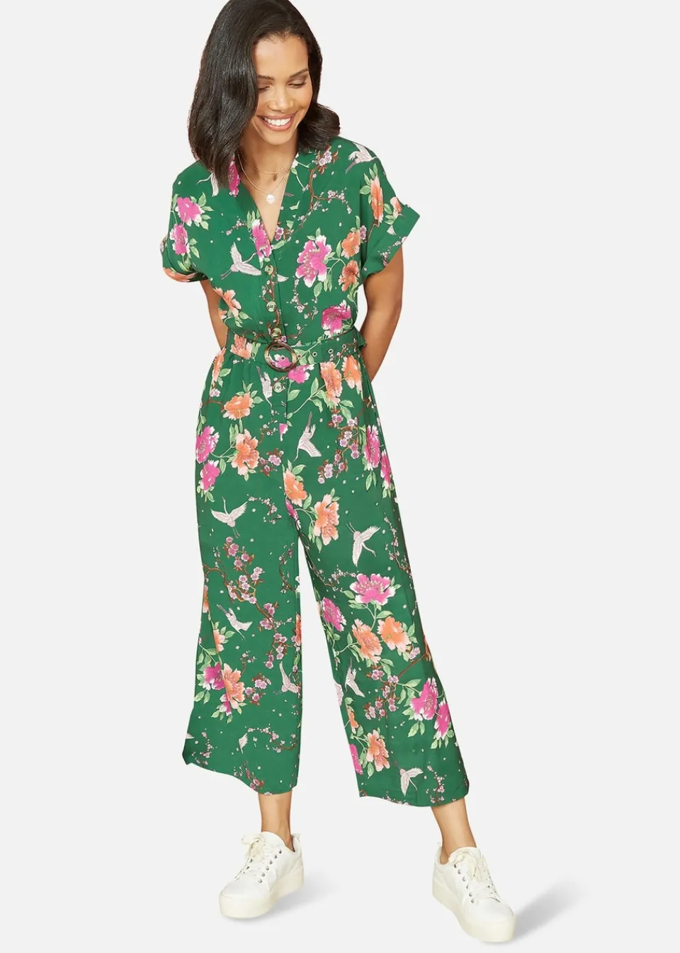 Jumpsuits & Playsuits>Yumi Green Recycled Crane Print Jumpsuit With Matching Belt