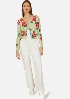 Blouses & Shirts>Yumi Green Rose Print Cardigan With Tie Front