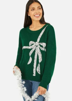 Knitwear>Yumi Green Sequin Bow Knitted Jumper