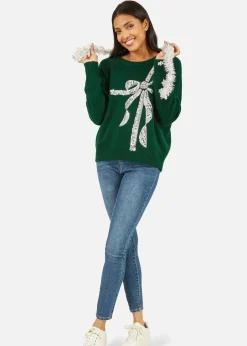 Knitwear>Yumi Green Sequin Bow Knitted Jumper