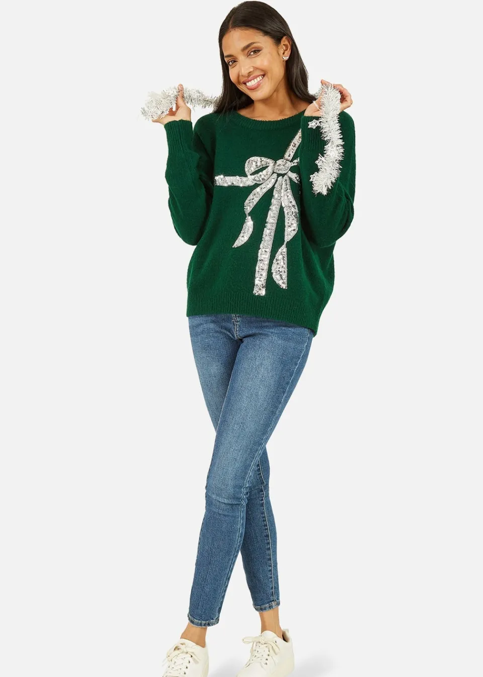 Knitwear>Yumi Green Sequin Bow Knitted Jumper