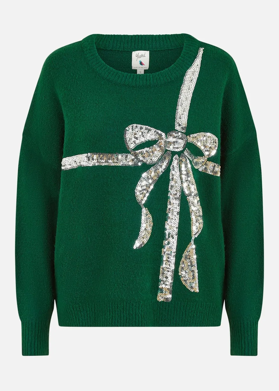 Knitwear>Yumi Green Sequin Bow Knitted Jumper