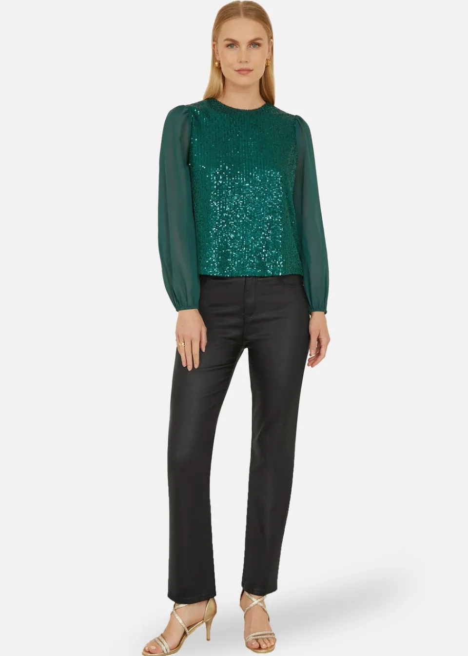 Tops>Yumi Green Sequin Top With Sheer Sleeves