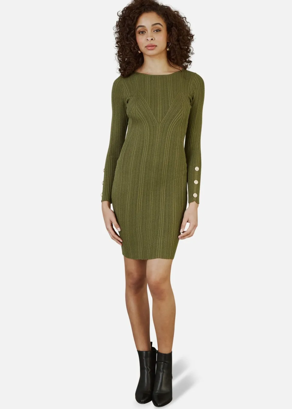 Knitwear>Yumi Green Shimmer Fitted Midi Dress With Button