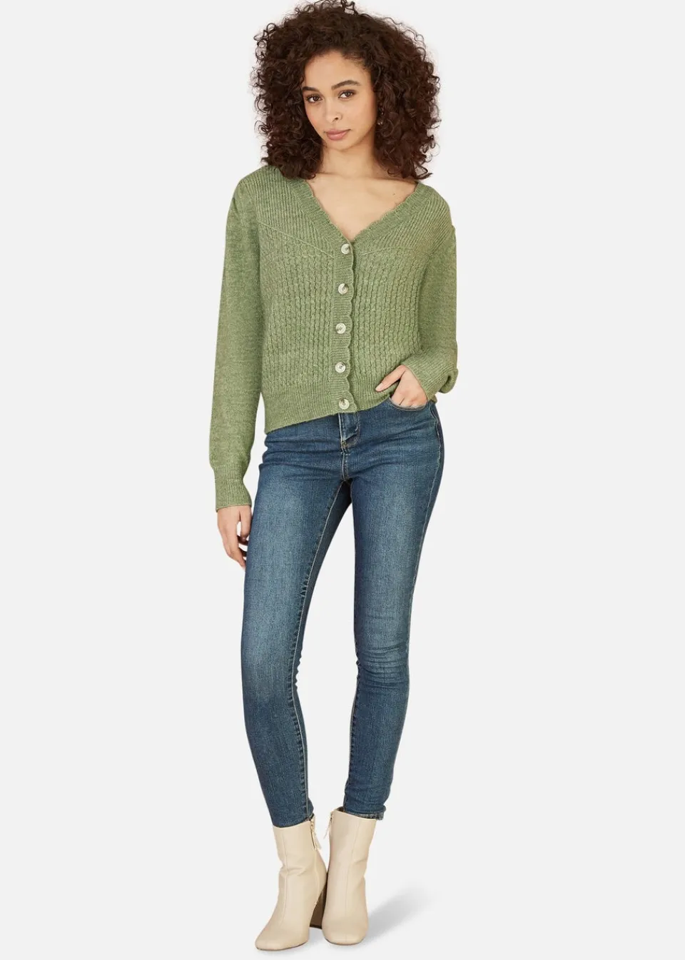 Tops>Yumi Green Twist Knit Button Up Cardigan