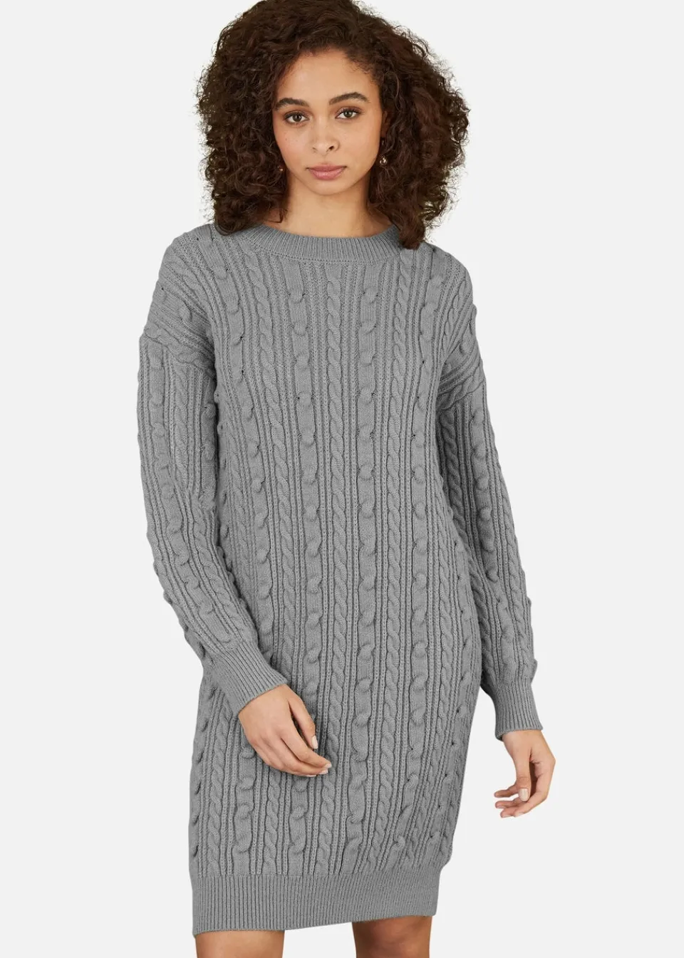 Knitwear>Yumi Grey Cable Knit Tunic Dress